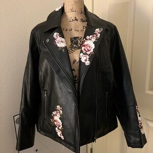 Roaman's Black faux Leather moto zip Jacket floral flowers 16